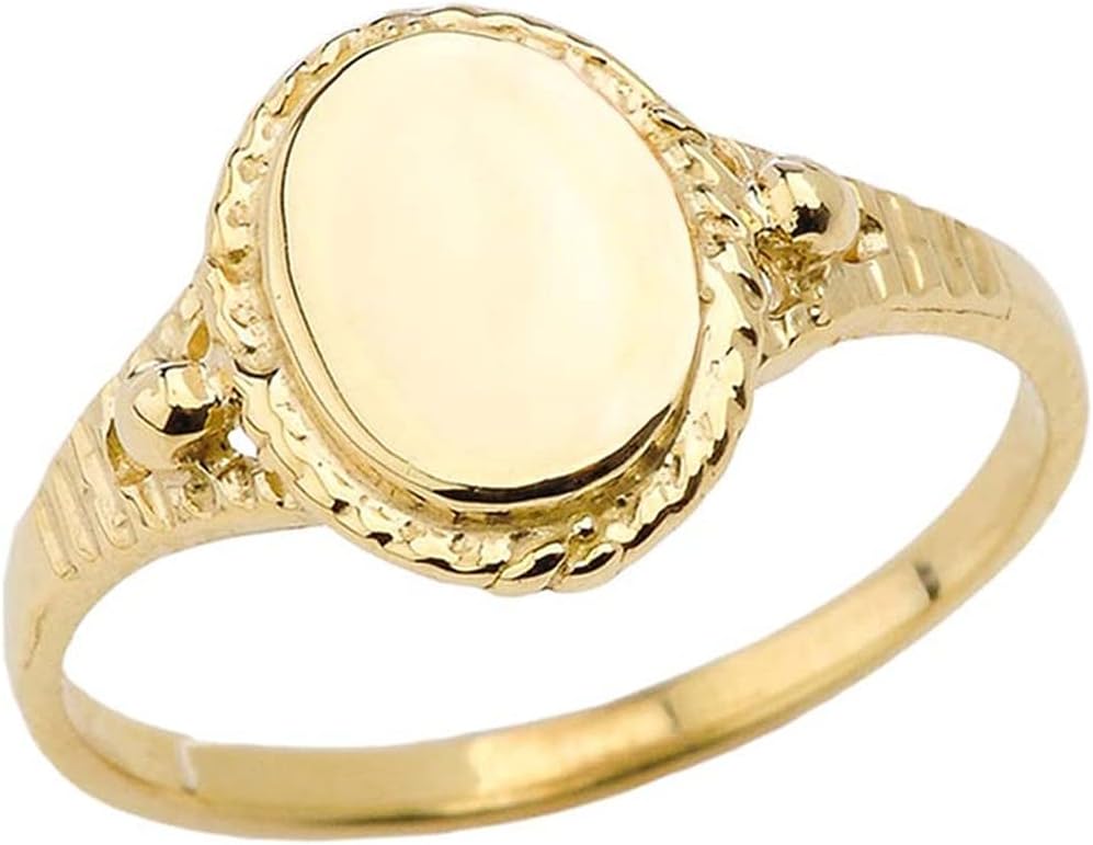 10K Yellow Gold Engravable Oval Signet Ring with Rope Detail, Fluting, and Tapered Shank