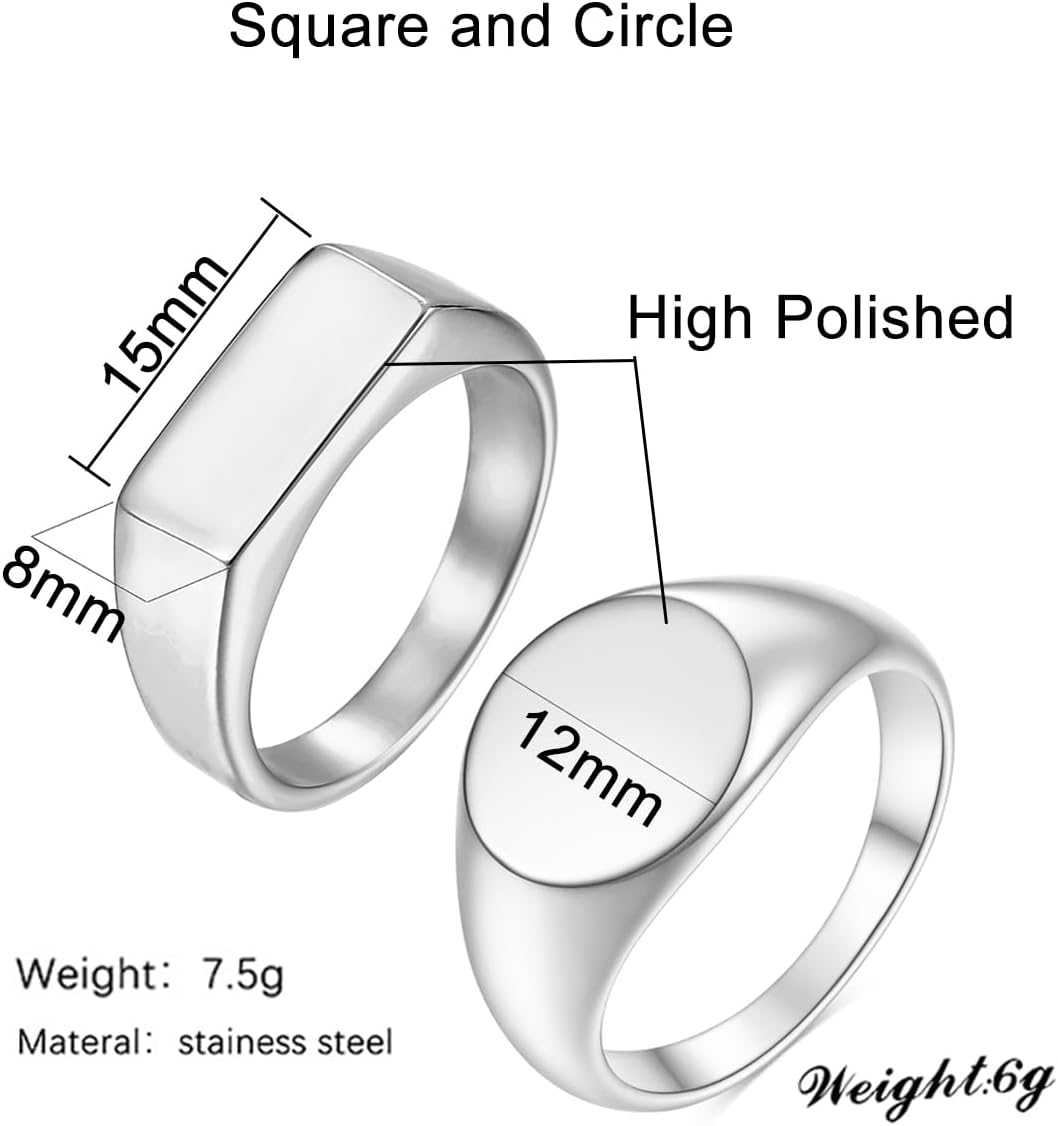 Nanafast 2PCS Men's Ring Set Signet Rings for Women Stainless Steel Square Circle Rings for Him & Her Minimalist Fashion Jewelry for Daily Couples & Wear