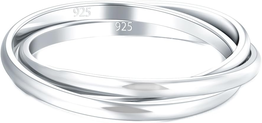 BORUO 925 Sterling Silver Ring, Fidget Ring Anxiety Ring, Triple Row Rolling Interlocking Stacking Rings, High Polish Rings for Women, Men Each Band Width 1.8mm Size 4-12