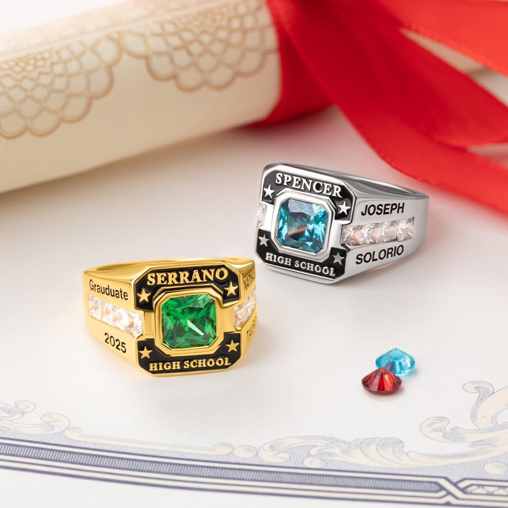 AILIN Customizable High School Class Rings For Women Men 925 Sterling Silver/Brass Personalized Engraved Birthstone Graduation Rings College Rings Graduation Gifts For Son Daughter Student