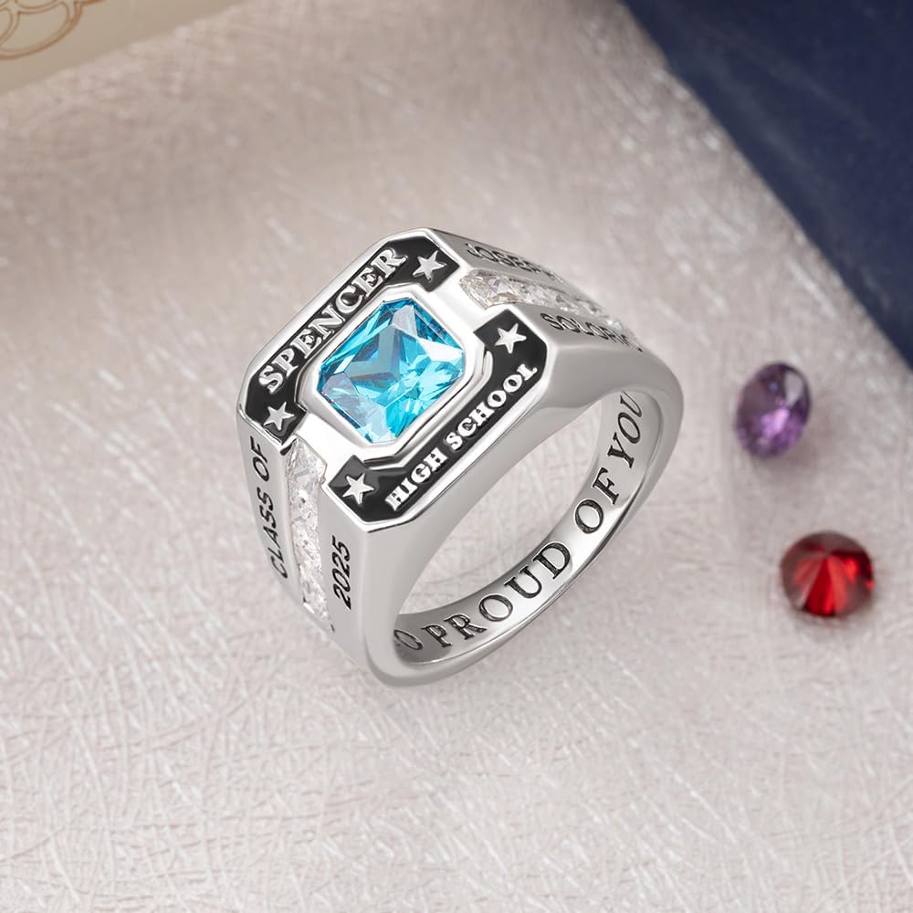 AILIN Customizable High School Class Rings For Women Men 925 Sterling Silver/Brass Personalized Engraved Birthstone Graduation Rings College Rings Graduation Gifts For Son Daughter Student