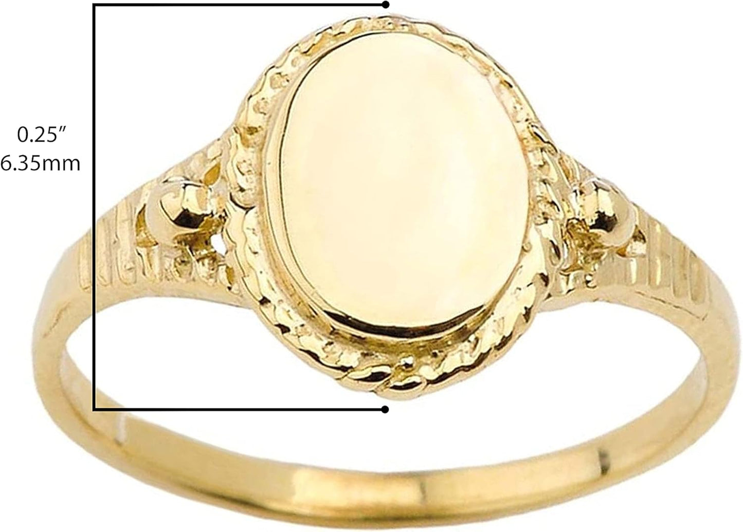 10K Yellow Gold Engravable Oval Signet Ring with Rope Detail, Fluting, and Tapered Shank