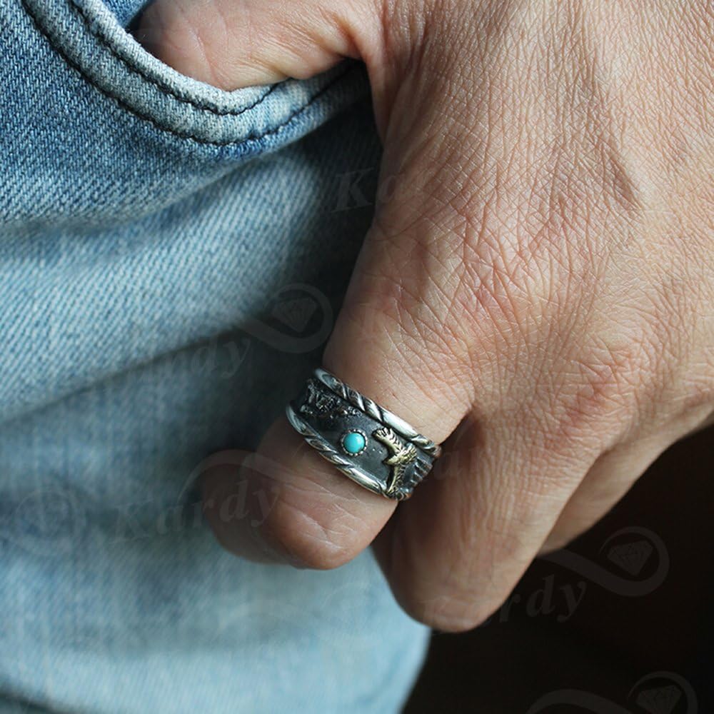 Men's Unique Antique Vintage Natural Blue Turquoise Gemstone Solid 925 Sterling Silver and Copper Biker Fashion Daily Wear Ring Set