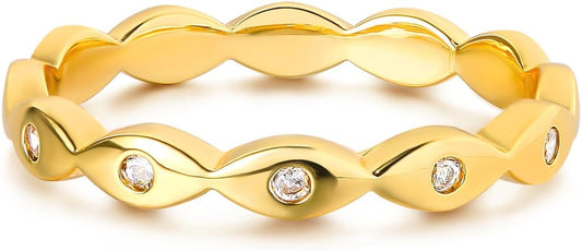 Gold Evil Eye Ring for Women Cubic Zirconia 14K Gold Plated Minimalist Stack Wave Band Finger Jewelry Size 6-8