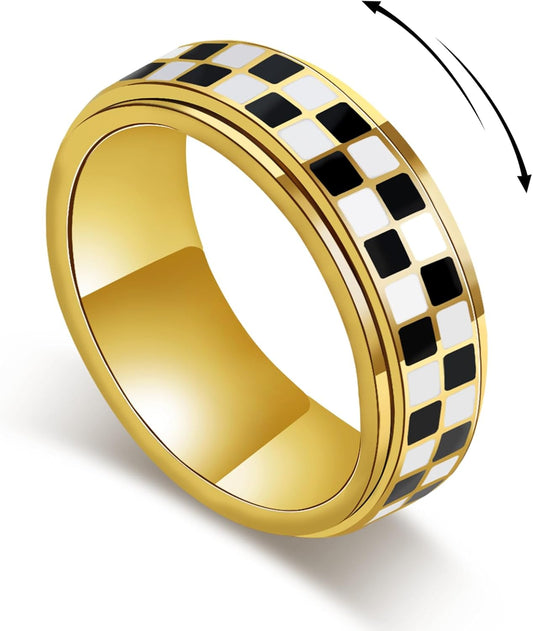 Checkered Fidget Ring for Men - 8mm 18K Gold Plated Stainless Steel Anxiety Spinner Jewelry for Adults, Modern Black and White Checkerboard Roating Ring for Stress Relief Gift for Men Women
