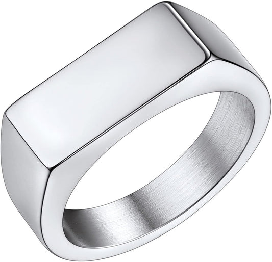 Bestyle Stainless Steel Signet Ring for Men Women in Gold/Black/Silver/Vintage Gray Tone, Chunky Thick Heavy Dome Band Ring Cool Finger Ring, Gift for Dad Husband, Size 7-14 Customizable