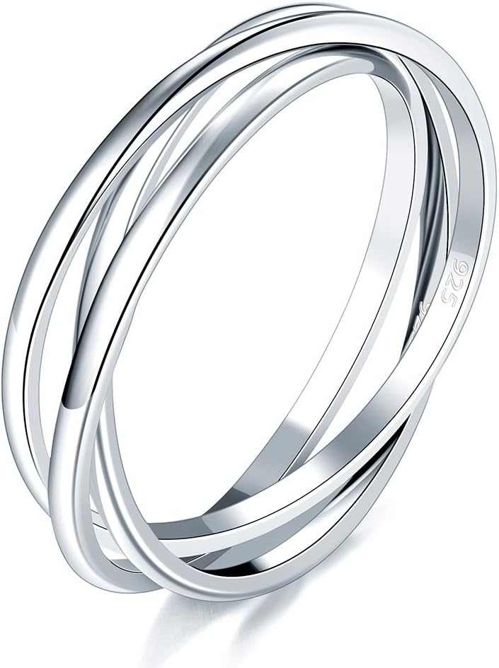 BORUO 925 Sterling Silver Ring, Fidget Ring Anxiety Ring, Triple Row Rolling Interlocking Stacking Rings, High Polish Rings for Women, Men Each Band Width 1.8mm Size 4-12