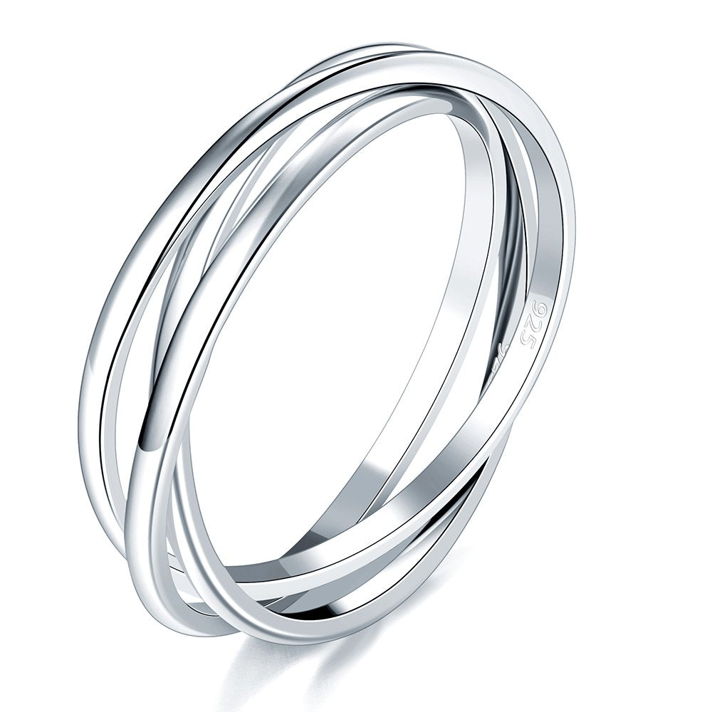 BORUO 925 Sterling Silver Ring, Fidget Ring Anxiety Ring, Triple Row Rolling Interlocking Stacking Rings, High Polish Rings for Women, Men Each Band Width 1.8mm Size 4-12