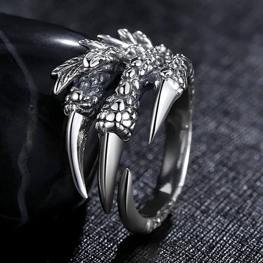 Adjustable Opening Dragon Claw Ring for Women Men's, Vintage Eagle Claws Rings Silver