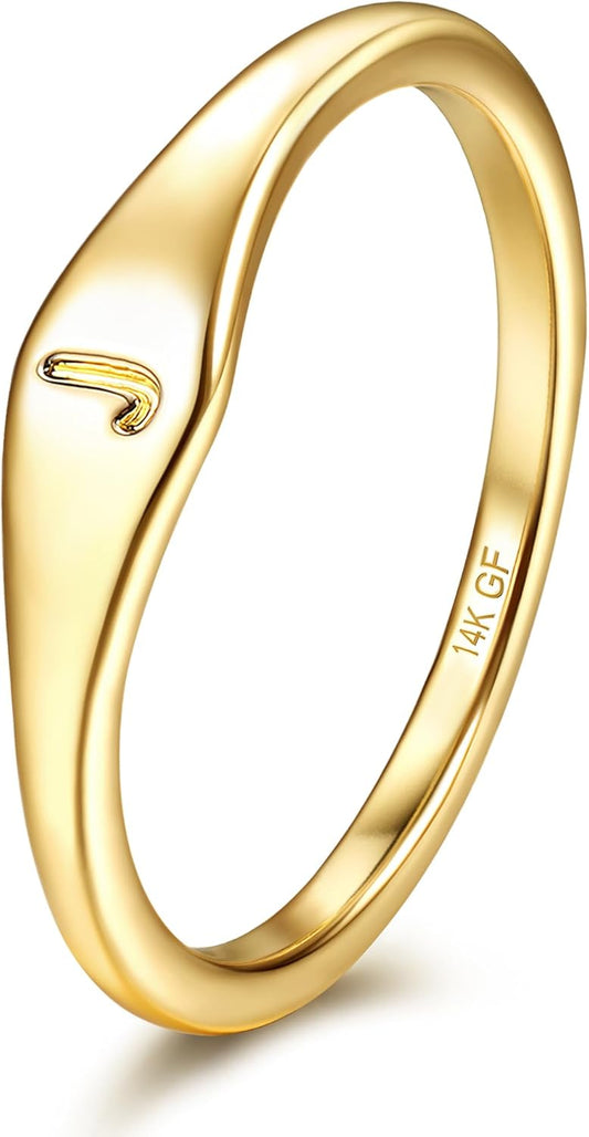Florideco 14K Gold Filled Ring Gold Initial Ring Dainty Gold Simple Letter Band Rings Signet Stackable Pinky Alphabet Thin Gold Thumb Rings for Women Non Tarnish Size 6 7 8 9 10