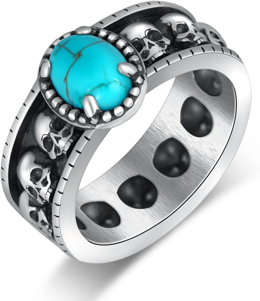 Genuine Turquoise Ring for Men 925 Sterling Silver Skull Ring Vintage Halloween Western Nature Gemstone Turquoise Jewelry for Men