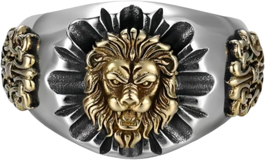 Mens Thai Silver Gold Lion Adjustable Rings For Men Women,Retro Silver Plated Golden Lion Head Vintage Biker Open Band Ring For Men,Man Punk Motorcycle Knuckle Ring Jewelry