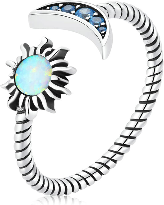MUNDELL 925 Sterling Silver Opal Star and Moon Open Ring for Women Vintage Twisted Adjustable Stackable Ring Dazzling Statement Ring Fine Jewelry