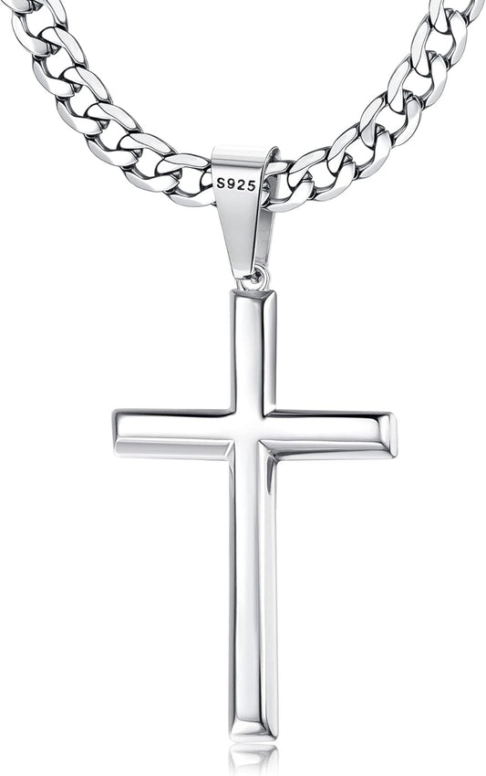 Besteel 925 Sterling Silver Cross Necklace Beveled Edge for Men Women 5mm Stainless Steel Diamond Cut Durable Cuban Link Curb Chain Crucifix Pendant Necklace Jewelry 16-30 Inches