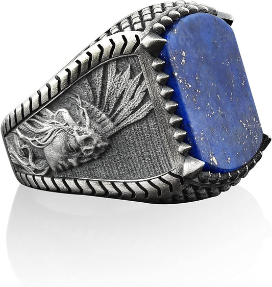BySilverStone Jewelry Indian Chief Sterling Silver Ring, Native American Blue Lapis Lazuli Ring, Dainty Ring, Gemstone Ring, Best Friend Ring, Silver Gift For BoyFriend